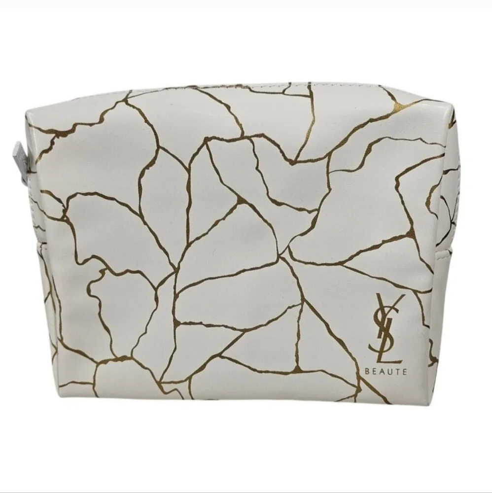 Yves Saint Laurent YSL Beauté Cosmetic Makeup Bag White & Gold Abstract